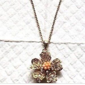 J. Crew Necklace Floral Gold Toned 26 in Rhinestone Orange Stones Lobster Clasp